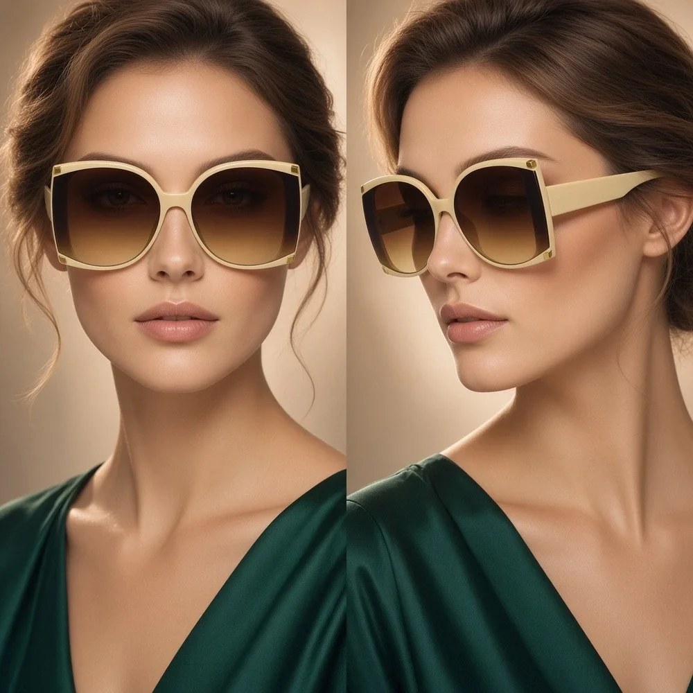 Womens Oversized Square Sunglasses Cream Beige Frame Gradient Brown Lens Retro